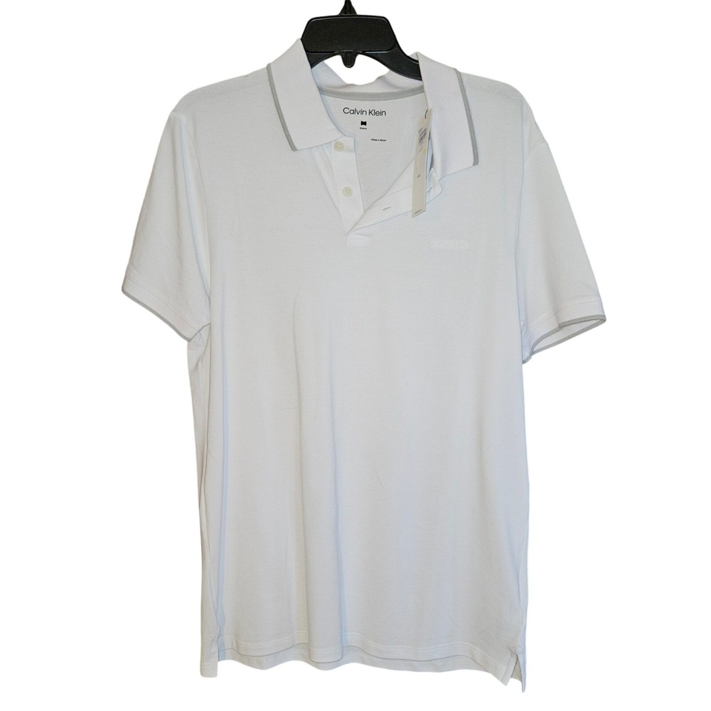 Calvin Klein Mens Stretch Pique Polo Shirt White Grey Trim Medium NEW